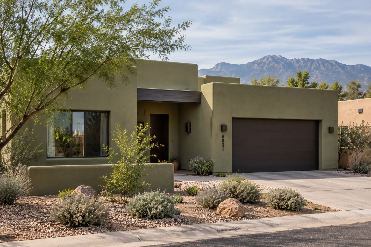Modern stucco home exterior in Albuquerque with a Sandia Mountains view