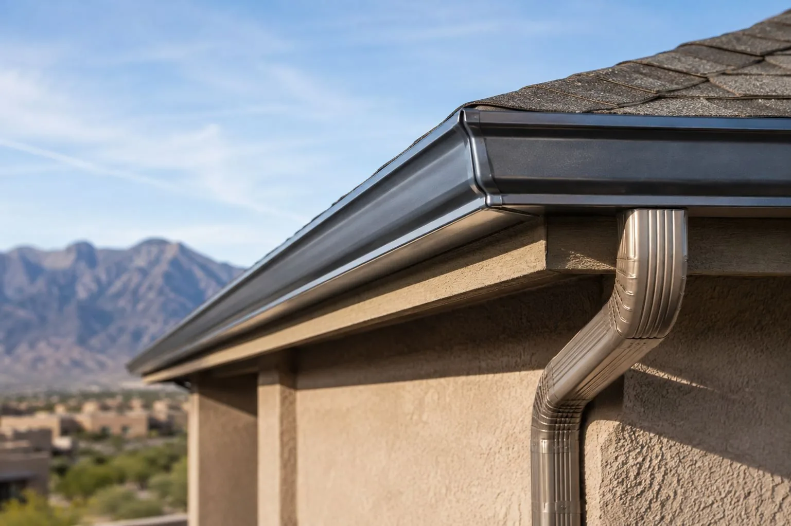 Gutter and downspout on an asphalt shingle roof, Albuquerque