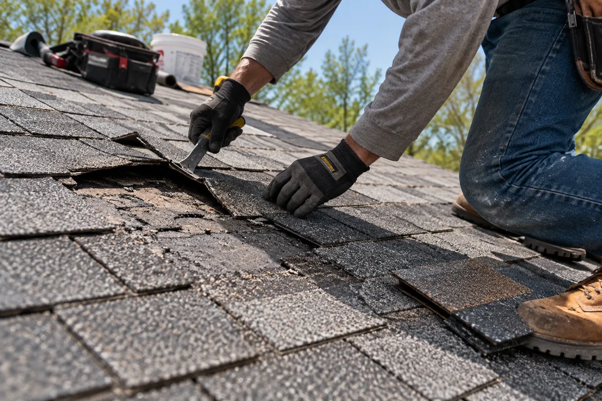 Roofer prying up damaged asphalt shingles during a roof repair